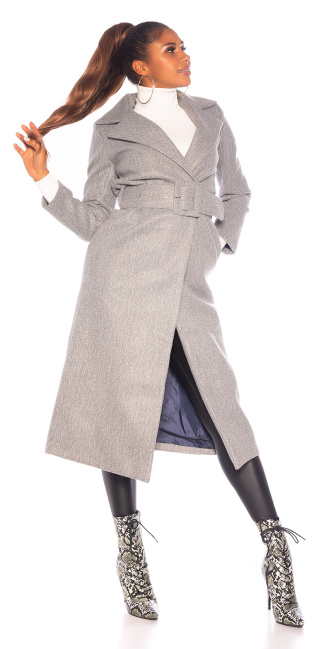 Trendy lange mantel met riem grijs